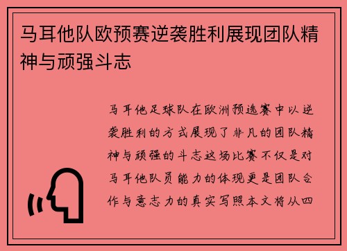 马耳他队欧预赛逆袭胜利展现团队精神与顽强斗志