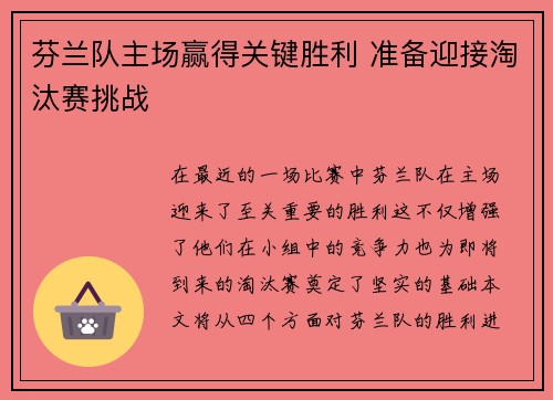 芬兰队主场赢得关键胜利 准备迎接淘汰赛挑战