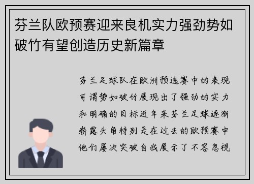 芬兰队欧预赛迎来良机实力强劲势如破竹有望创造历史新篇章