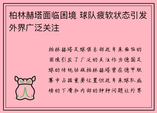 柏林赫塔面临困境 球队疲软状态引发外界广泛关注
