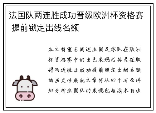 法国队两连胜成功晋级欧洲杯资格赛 提前锁定出线名额
