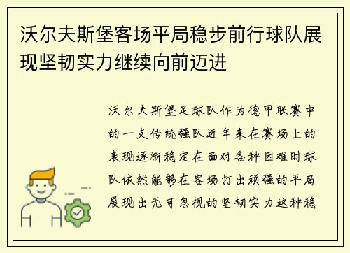 沃尔夫斯堡客场平局稳步前行球队展现坚韧实力继续向前迈进