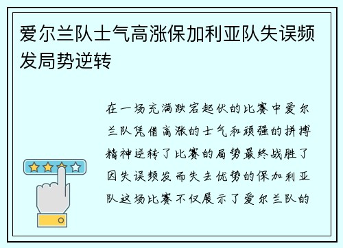 爱尔兰队士气高涨保加利亚队失误频发局势逆转
