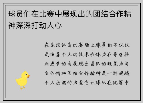 球员们在比赛中展现出的团结合作精神深深打动人心
