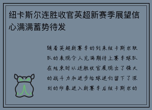 纽卡斯尔连胜收官英超新赛季展望信心满满蓄势待发