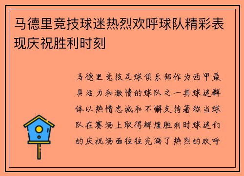 马德里竞技球迷热烈欢呼球队精彩表现庆祝胜利时刻